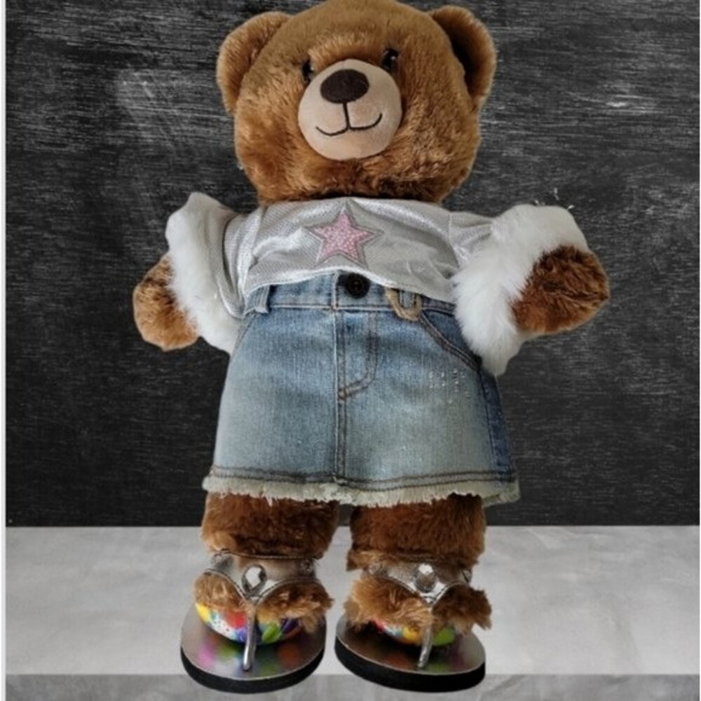 Build a Bear 3 piece outfit Blue Jean Skirt White Silver Pink top and sandals *